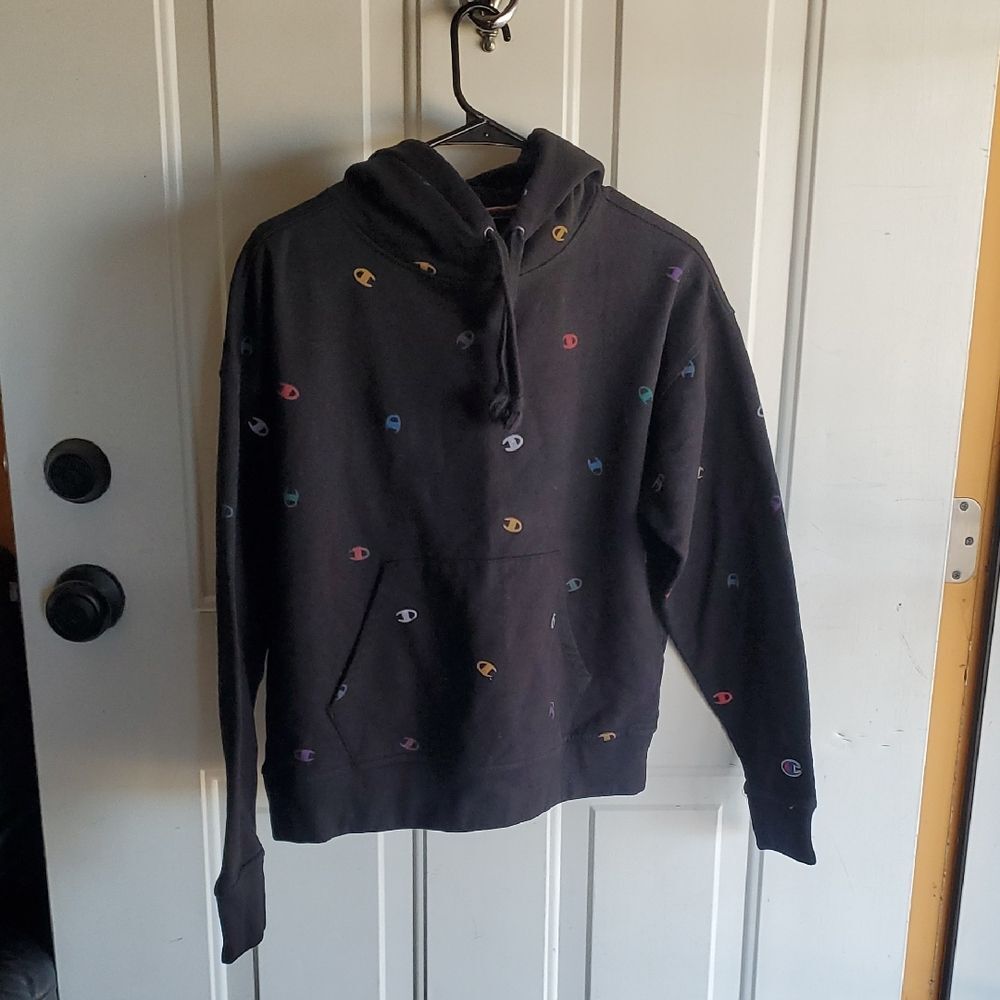 Champion Black Hoodie with Multicolor Logo